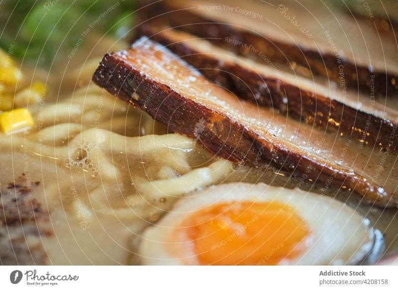 Detail of Yummy Ramen Soup closeup close up ramen ramen soup egg yummy macro japanese food asian restaurant boiled egg noddles nooddles soup japanese soup