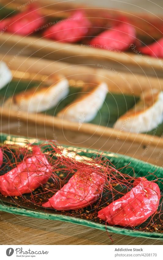 Detail of Yummy Japanese Food closeup sushi front view delicious yummy meal restaurant gyozas food healthy fish cuisine fresh plate roll maki appetizer japan