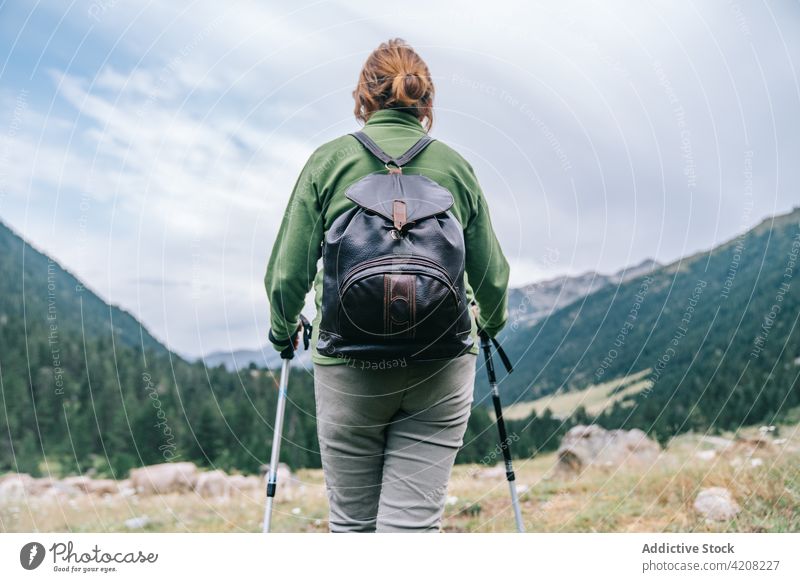 Unrecognizable woman with walking poles in highlands pole walking energy trekking picturesque stand tourism vitality nature female activity wanderlust pyrenees