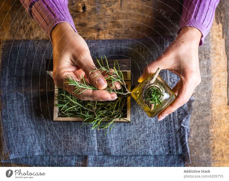 Faceless lady showing rosemary near chest with bottles with oil woman herb fabric decoration demonstrate table female plant ingredient design scissors textile