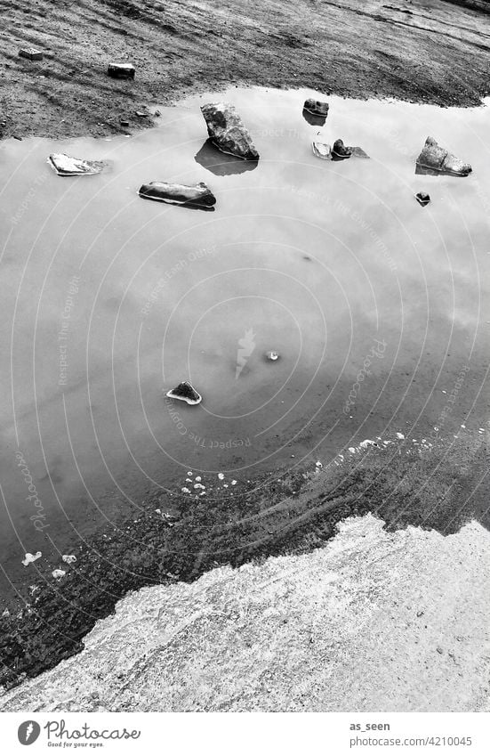 on the water Water Puddle stones pile Black White reflection Driftwood bank Reflection Sky Deserted Wet Exterior shot Gray Black & white photo White Black Day