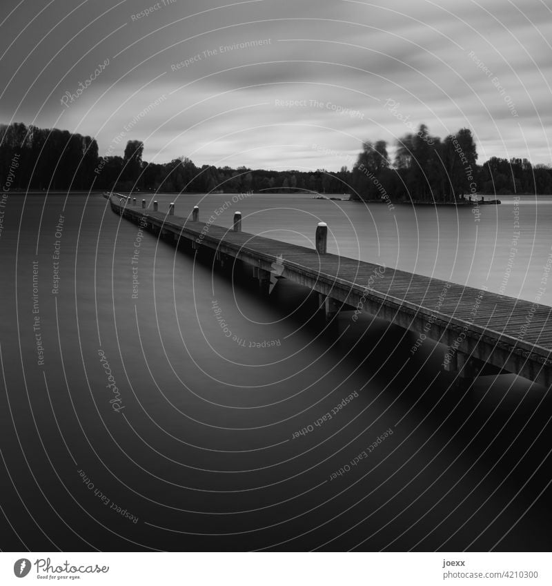 Footbridge over water, black and white, Lake Water Sky Lanes & trails Clouds somber trees Footbridges and paths bank Eerie Strange peculiar Forest