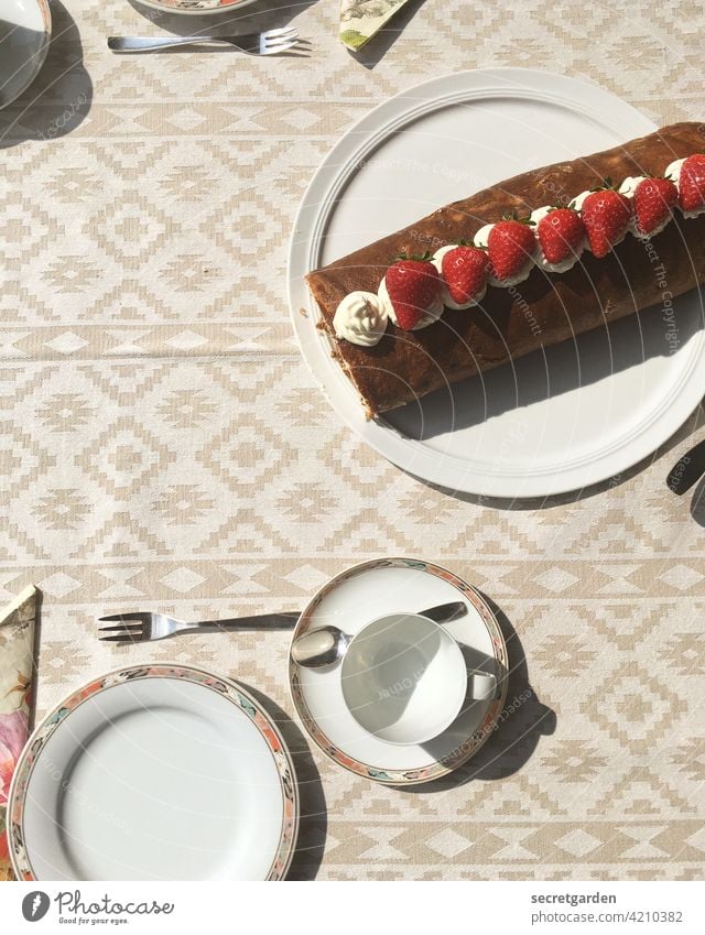 homemade strawberry cream sponge roll at mother-in-law's. Pattern Tea Cake sponge cake Sponge cake Strawberry Cream Plate Porcelain Porcelain plate Cup