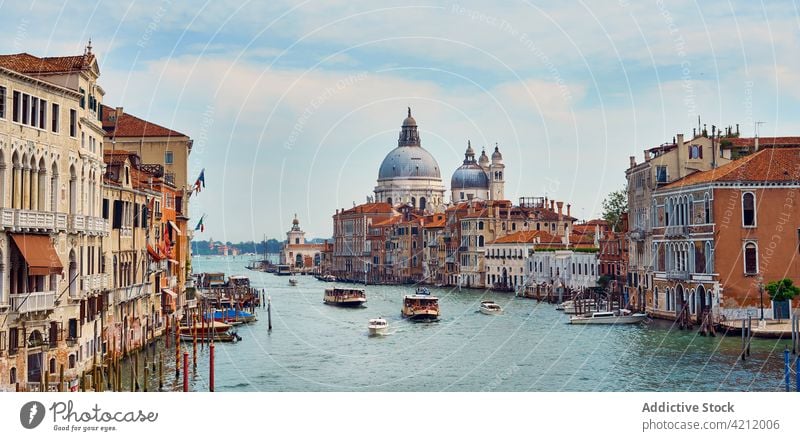 Water channel with boats in city grand canal water famous landmark architecture historic venice italy building destination old float vessel attract heritage