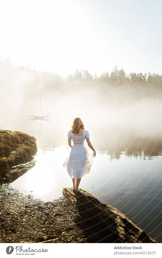 Woman standing on a rock looking at a lake on a foggy day nature woman mist water landscape people girl outdoor person female beautiful forest travel morning