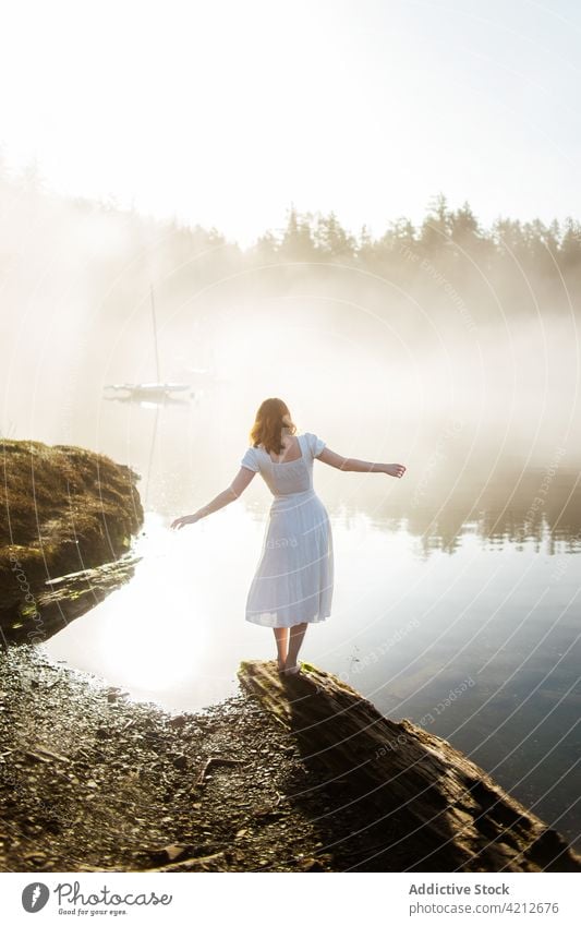 Woman standing on a rock looking at a lake on a foggy day nature woman mist water landscape people girl outdoor person female beautiful forest travel morning