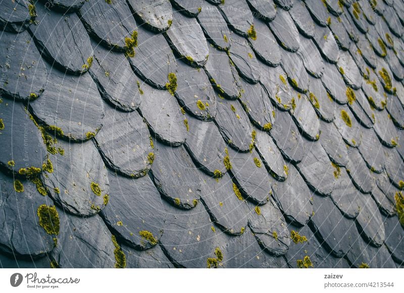 roof with old dark colored tiles, between black and gray. perspective texture copy space horizontal protection simplicity strength faded covering roofing