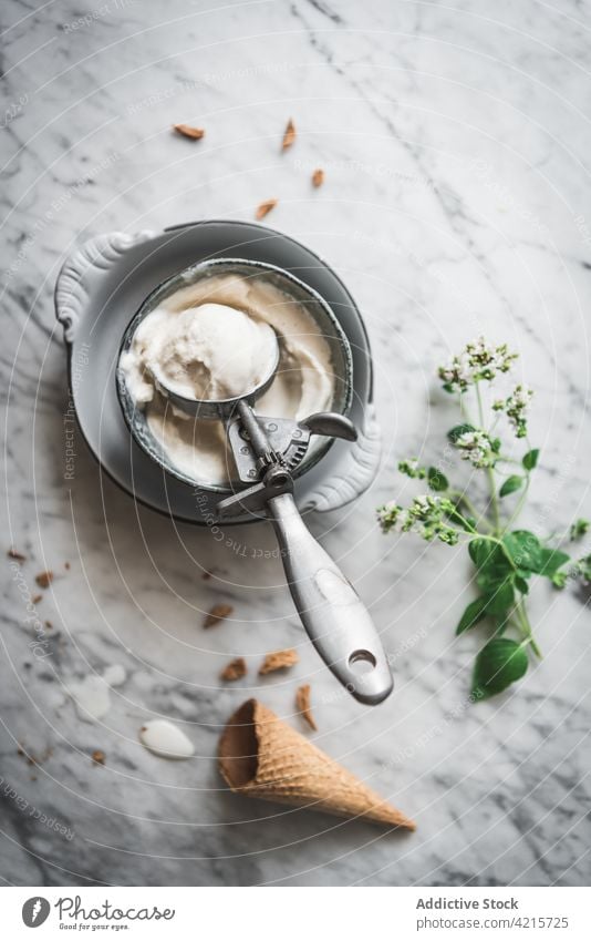 Tasty ice cream near waffle cone and scooper milk meringue dessert treat tasty mint plate sweet leaf fresh herb gelato portion yummy crunchy delicious table