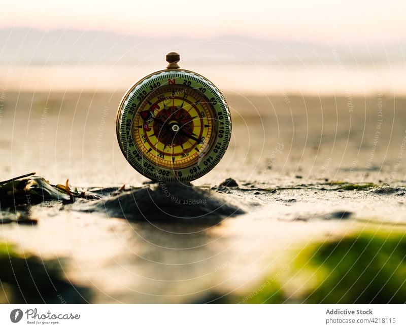 Compass on sandy beach near sea compass retro travel adventure nature wanderlust explore coast vintage shore tourism seaside destination navigate direction