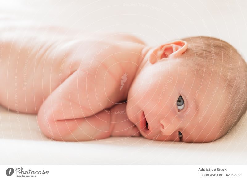 Adorable newborn baby resting on soft cloth innocent babyhood charming gentle friendly tender portrait peaceful sweet harmony infant idyllic glow gaze fabric