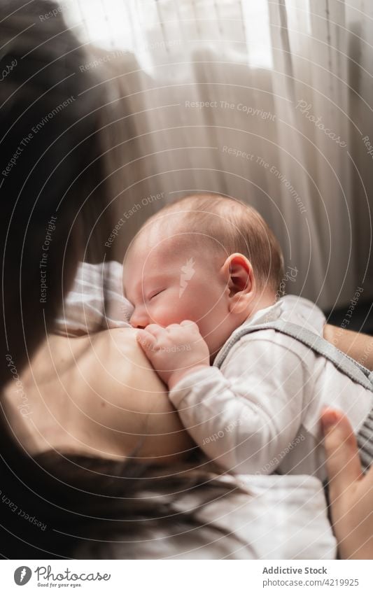 Anonymous mother breastfeeding newborn baby in armchair at home embrace motherhood babyhood harmony woman idyllic mom innocent house tender suckle serene