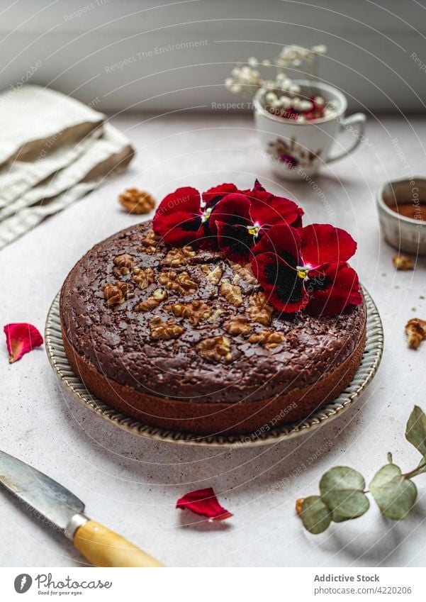 Cake with flowers and walnuts on table cake chocolate dessert sweet whole decoration garnish treat homemade baked delicious gourmet food tasty serve