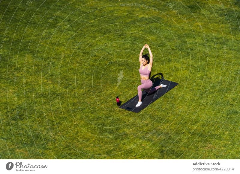 Woman performing Crescent Lunge on Knee on yoga mat woman crescent lunge on knee practice wellness healthy lifestyle arms raised balance energy meadow body pose