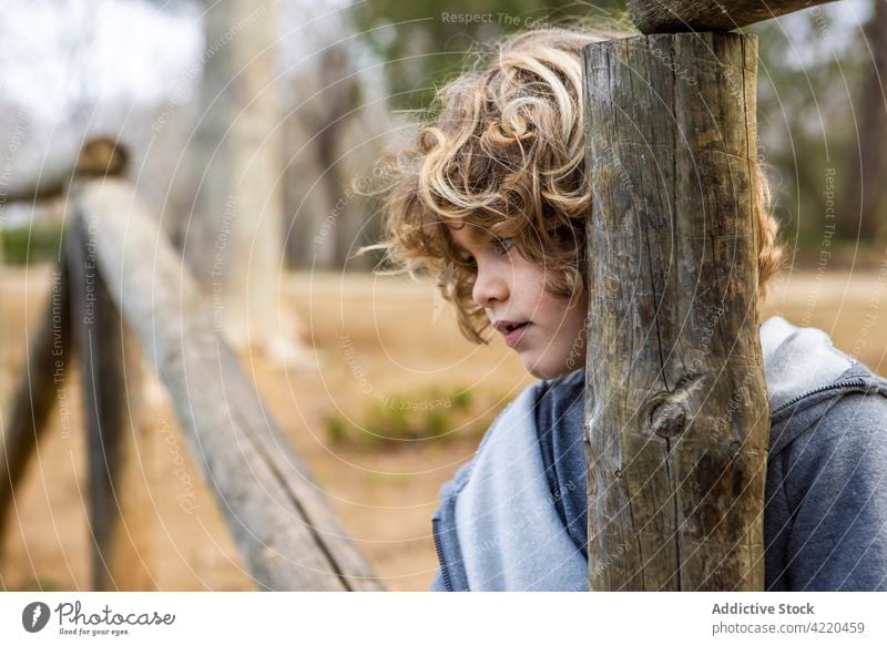 Boy leaning on fence against pond in the park boy childhood sincere friendly charming nature portrait casual style alone kid wooden tree lean forward wavy hair