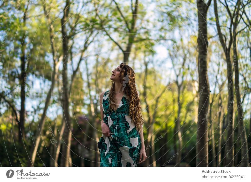 Stylish woman walking on boardwalk in lush park stroll sundress style gorgeous grace appearance forest nature feminine attractive trendy young beautiful female