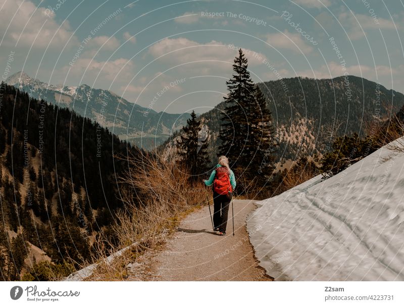 Young woman hiking on the Hochmiesing | Soinsee closeness to nature outdoor soinsee Hiking bavarian cell Upper Bavaria Alps mountains Spring Peak Sky Clouds