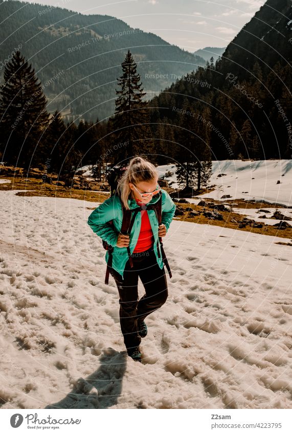 Young woman hiking on the Hochmiesing | Soinsee closeness to nature outdoor soinsee Hiking bavarian cell Upper Bavaria Alps mountains Spring Peak Sky Clouds