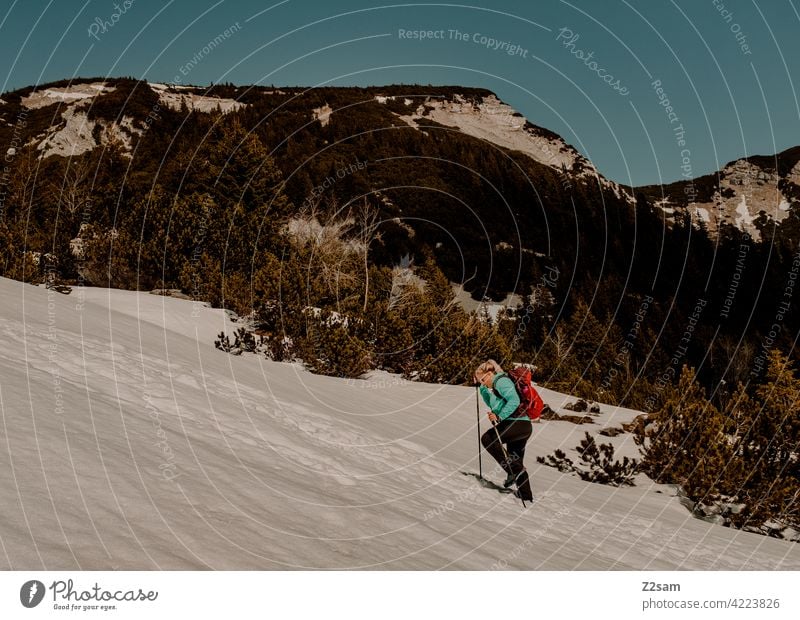 Young woman hiking on the Hochmiesing | Soinsee closeness to nature outdoor soinsee Hiking bavarian cell Upper Bavaria Alps mountains Spring Peak Sky Clouds