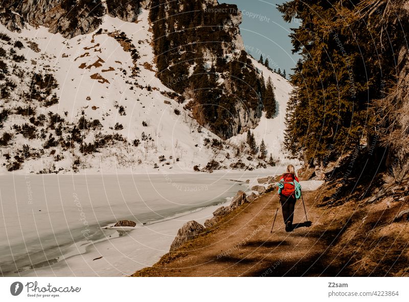 Hiker at the Soinsee in Upper Bavaria Pre-alpes closeness to nature outdoor soinsee Hiking Mountain Colour photo warm colors Landscape Alps Leisure and hobbies