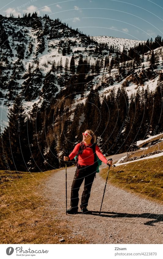 Young woman hiking on the Hochmiesing | Soinsee closeness to nature outdoor soinsee Hiking bavarian cell Upper Bavaria Alps mountains Spring Peak Sky Clouds