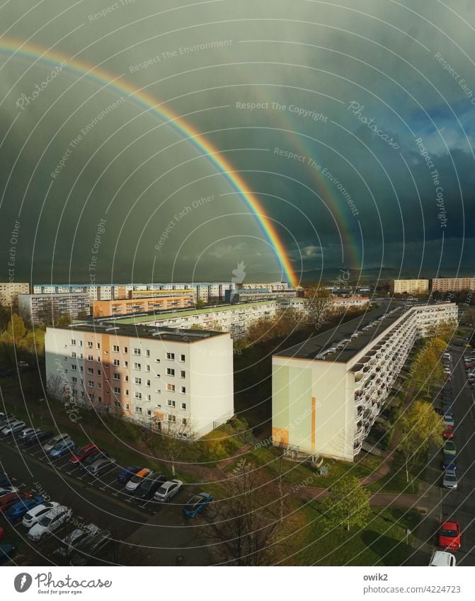 light effect Rainbow Outskirts Bautzen Eastern Saxony Lausitz forest Thunder and lightning Beautiful weather Clouds Sky Small Town House (Residential Structure)