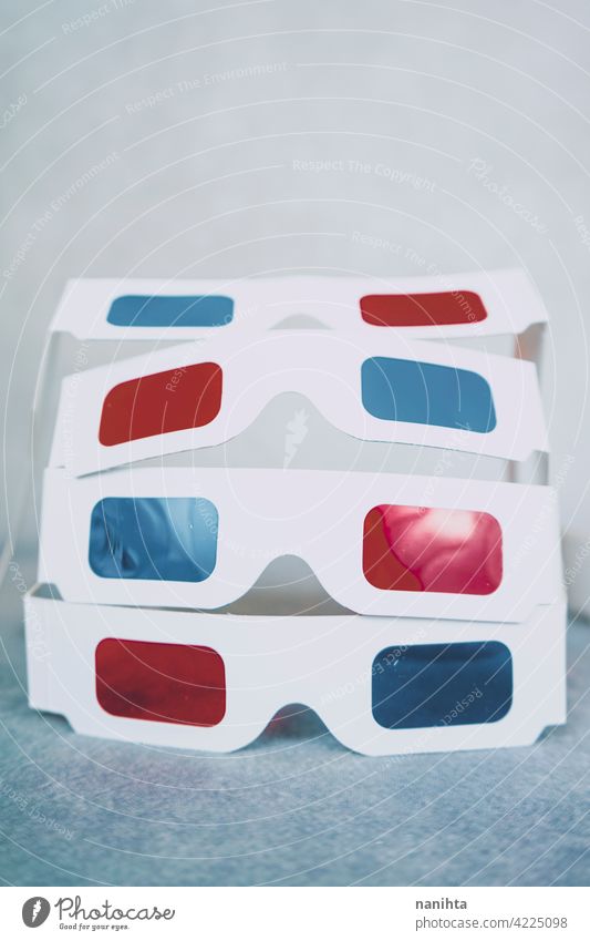 Disposable 3D vintage glasses retro cinema film disposable red blue many group objects nostalgia past still life paper paper board 80s 90s abstract 3d glasses