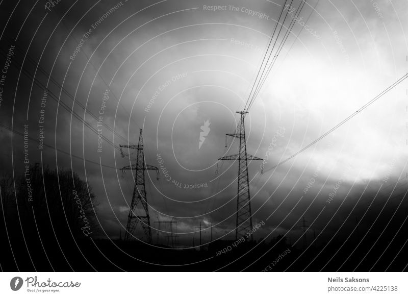 High-voltage power lines. Electricity distribution station. high voltage electric transmission tower. Distribution electric substation with power lines and transformers.