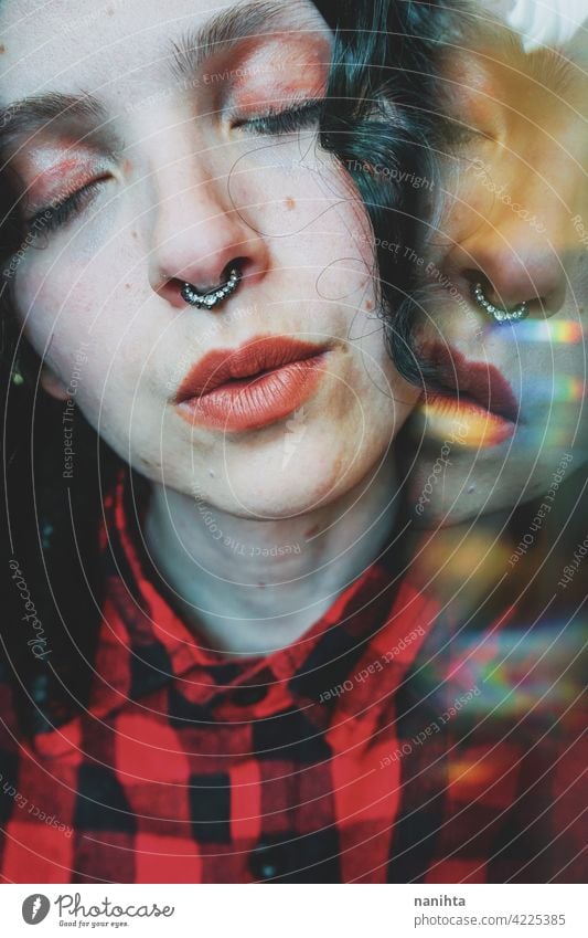 Surreal image of a young woman through a prism surreal portrait art reflection emotion mood creativity imagination artistic concept conceptual psychology