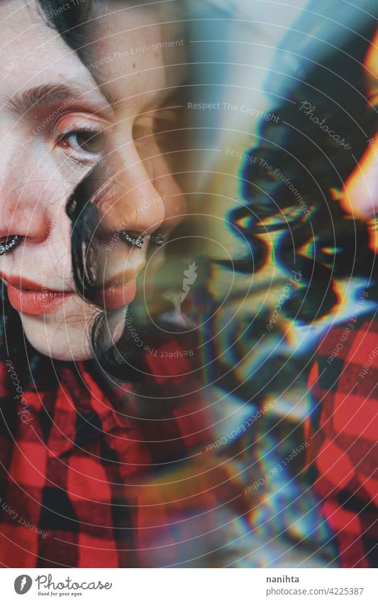 Surreal image of a young woman through a prism surreal portrait art reflection emotion mood creativity imagination artistic concept conceptual psychology