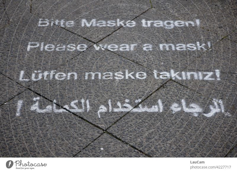 Please wear mask! in four languages corona coronavirus corona crisis Corona Pandemic covid-19 covid19 COVID AHA Rule Mask Mask obligation Languages please call