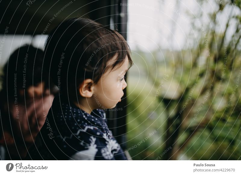 Child looking through window Boy (child) 1 - 3 years Caucasian Looking Brothers and sisters Infancy Human being Toddler Colour photo Day Together Playing bored