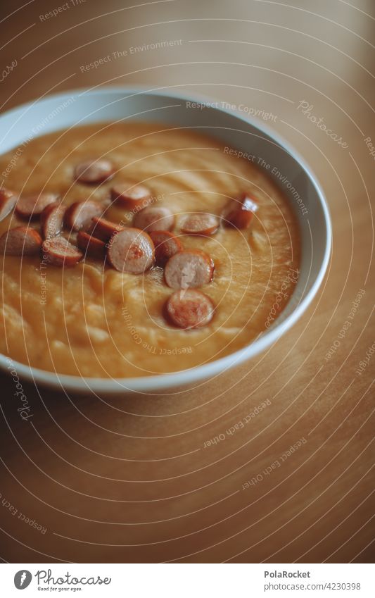 #A0# Potato soup with fried Wieners Soup Lunch Delicious wiener Eating food Nutrition Food Colour photo Interior shot Bowl Plate traditionally German