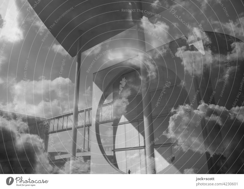 House in the clouds Marie-Elisabeth-Lüders-House Modern architecture Style parliament building Column Double exposure Downtown Berlin Facade Footbridge Clouds