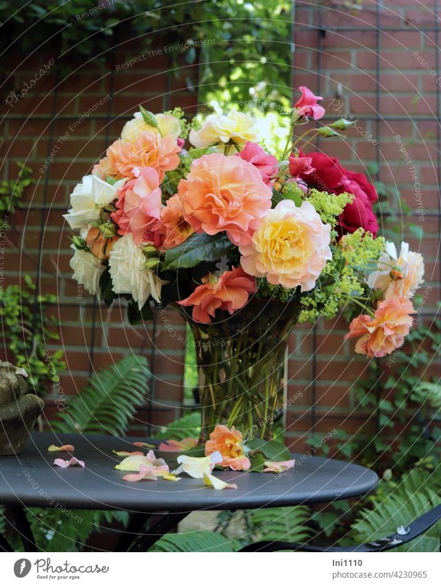 lush bouquet of roses from the garden Garden Climbing Roses Alchemilla vulgaris glass vase wall mirror Metal table Climbing trellis bracken Fragrance Rose scent