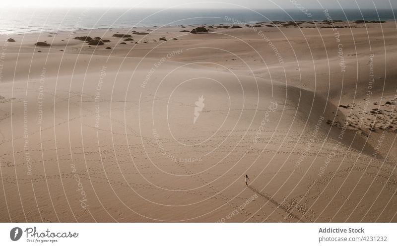 Unrecognizable traveler walking on sand in desert tourist trip vacation nature dune sky woman stroll summer tourism white dress feminine explore wanderlust