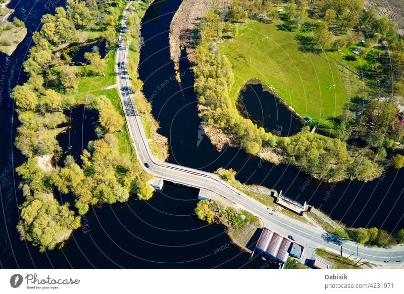 Car moving on bridge in europe small town, aerial view river car traffic outdoor beautiful nature beauty belarus birds eye view ecosystem environment landscape