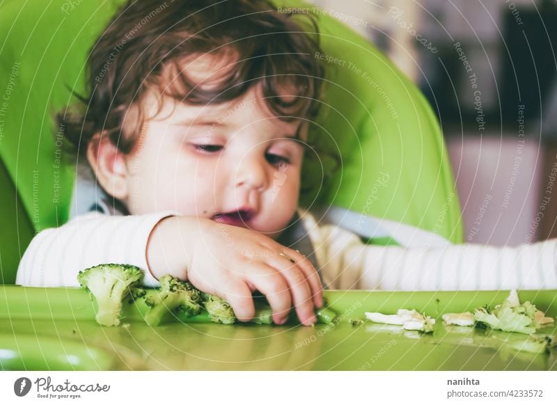 Baby eating food in her green highchair blw baby lead weading vegetables brocoli vegan vegetarian health healthy diet white caucasian complementary feeding