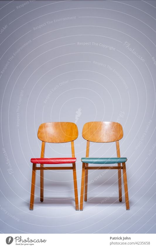 Chairs on white chairs old chairs vintage Ancient Blue chair Red chair studio White waiting room Deserted Seating Empty Row of seats Seating capacity