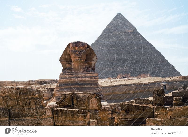 Sphinx statue and Cheops pyramid in Giza Egypt Africa Egyptian Sphinx monument ancient antique archeology architecture authentic blue building cairo