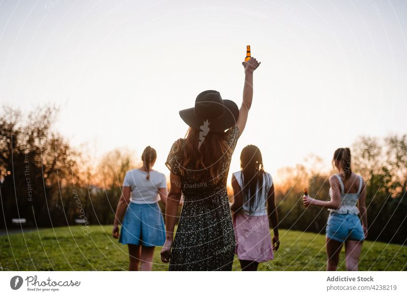 Group of diverse women enjoying evening in summer park beer sunset girl company together carefree female multiethnic multiracial black african american