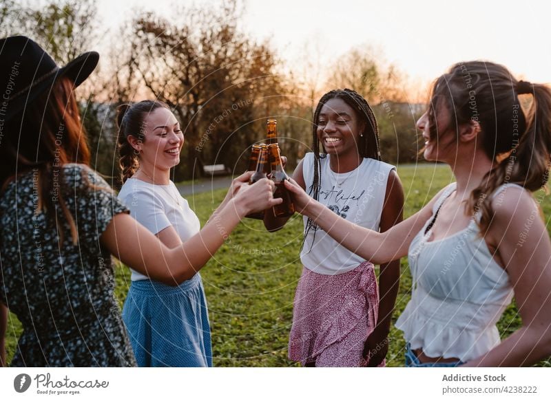 Company of multiracial female friends clinking bottles in park at sunset women company summer beer chill having fun multiethnic diverse black african american