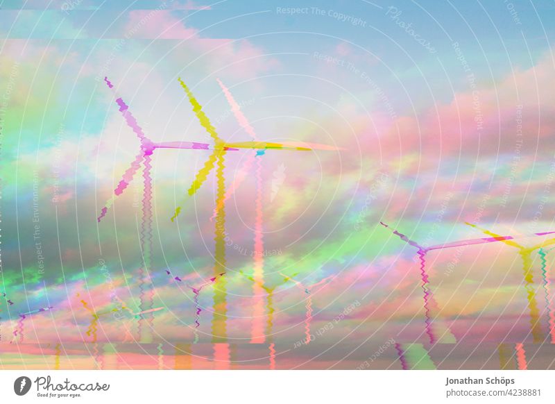 renewable energy sustainably generated with wind turbines glitch effect Windmill Wind power station Wind energy plant White Sustainability Technology Sun Summer