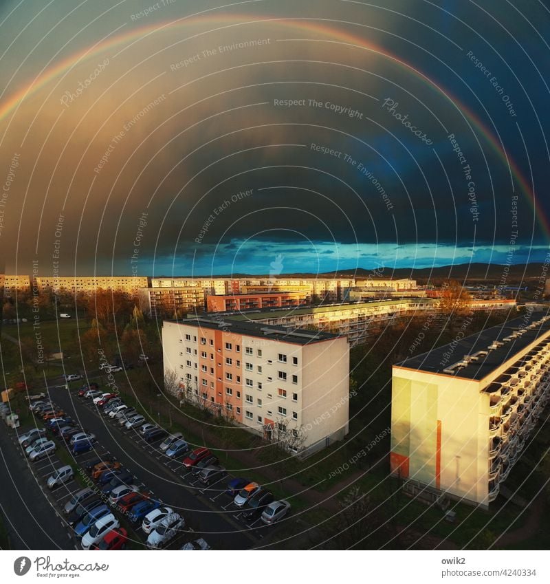 span Rainbow Change in the weather Idyll Light (Natural Phenomenon) Twilight Colour photo Evening Sunlight Exterior shot Bird's-eye view Weather Dramatic