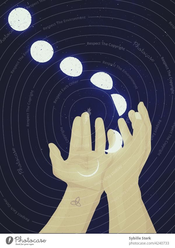 Moon phases flowing from cupped hands with nightsky moon moon phases romance romantic lunar triskel night sky space magic magical fantasy conceptual Full  moon