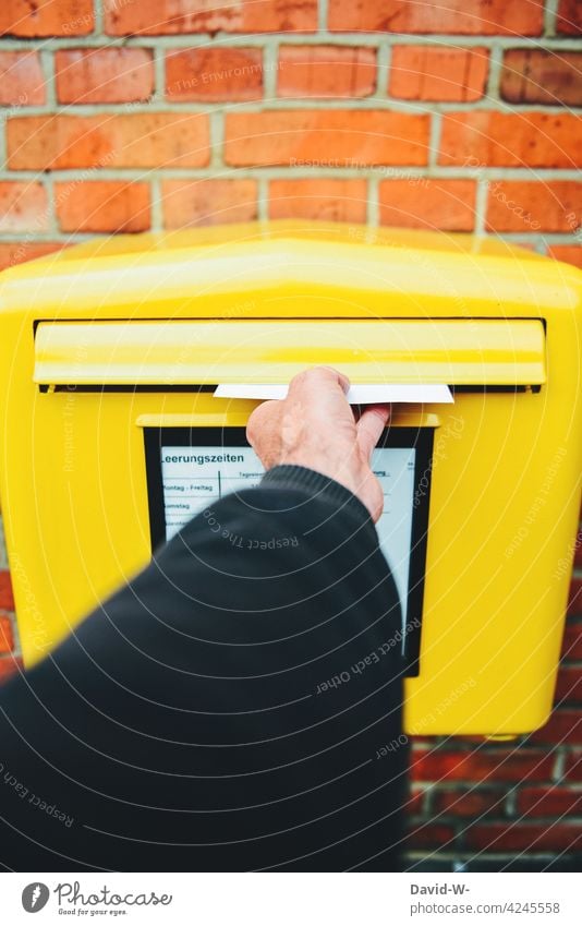 drop a letter in the post box Letter (Mail) Mailbox Hand Yellow Envelope (Mail) Communication message Zip code Transmit Information dispatch Throw