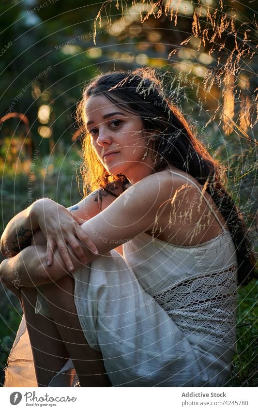 Young tattooed female on meadow woman dream lawn nature summer tranquil peaceful romantic pensive rest countryside thoughtful white dress serene young rural