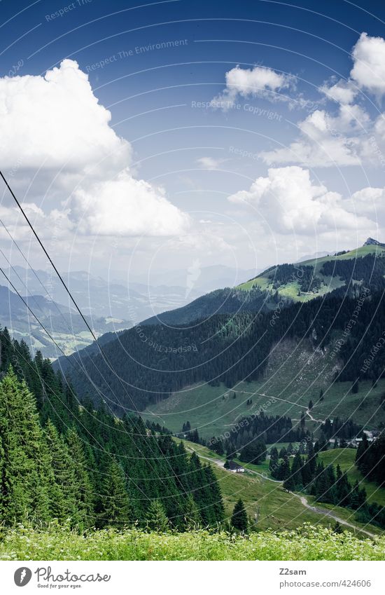 Light and shadow Nature Landscape Sky Clouds Sun Sunlight Summer Bad weather Meadow Forest Alps Mountain Peak Esthetic Dark Simple Sustainability Calm