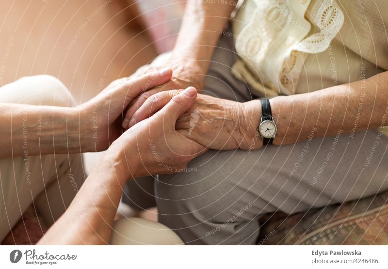 Nurse consoling her elderly patient by holding her hands people woman senior mature casual female Caucasian home house care health healthcare nursing home aging