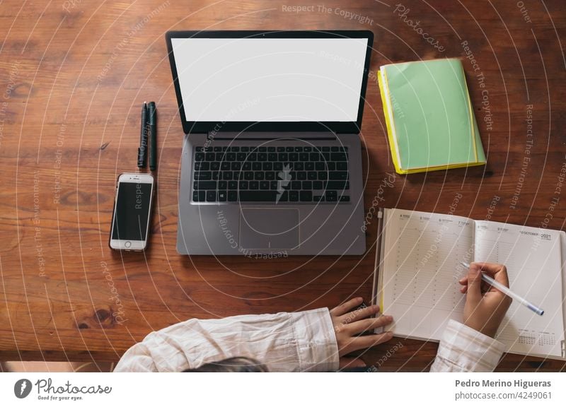 young woman working at home. laptop notebook mobile. top view computer female business people technology lifestyle person internet phone girl office online