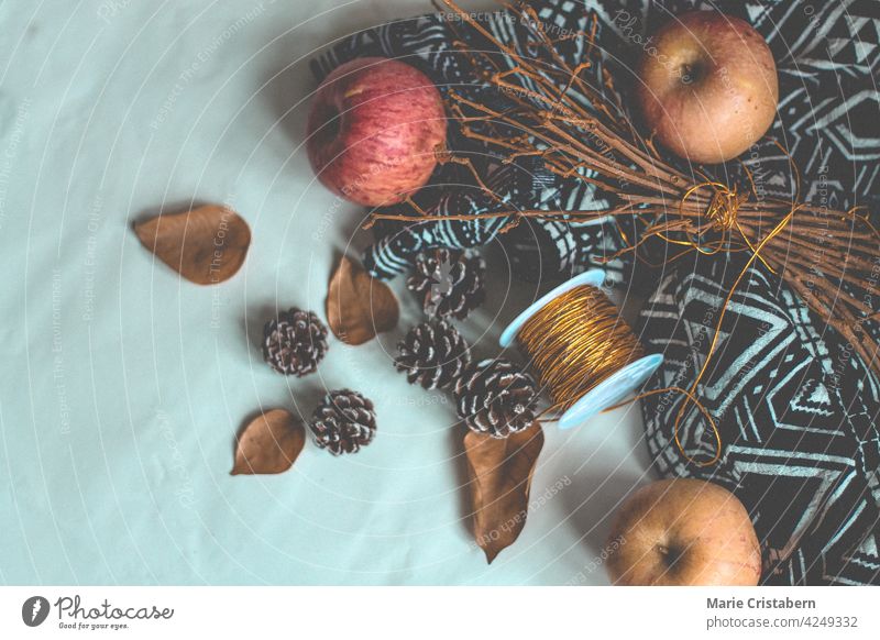 Apples, acorns and dried leaf arranged on a white background showing the concept of Autumn Season and Harvest autumn season fall season autumn harvest october